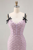 Lila zeemeermin-korset met pailletten lange galajurk met split