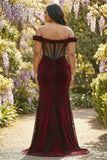 Off-the-shoulder zwart rood zeemeermin korset plus maat lange galajurk met split