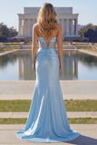Strapless paarse zeemeermin 3D bloem pailletten lange galajurk met split