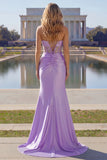 Strapless paarse zeemeermin 3D bloem pailletten lange galajurk met split
