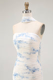 Wit Blauwe Bloem Schede Strapless Fluweel Burnout Bruiloft Gast Jurk met Split