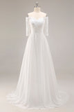 Witte A-lijn off-the-shoulder halve mouwen trouwjurk met kant
