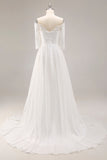 Witte A-lijn off-the-shoulder halve mouwen trouwjurk met kant