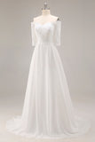 Witte A-lijn off-the-shoulder halve mouwen trouwjurk met kant