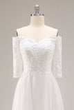 Witte A-lijn off-the-shoulder halve mouwen trouwjurk met kant