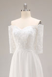 Witte A-lijn off-the-shoulder halve mouwen trouwjurk met kant