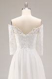 Witte A-lijn off-the-shoulder halve mouwen trouwjurk met kant