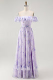 Lavendel Bloemen Gegolfd Off The Shoulder A Line Bruidsmeisjesjurk