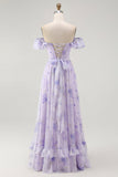 Lavendel Bloemen Gegolfd Off The Shoulder A Line Bruidsmeisjesjurk