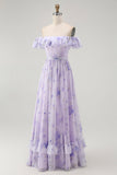 Lavendel Bloemen Gegolfd Off The Shoulder A Line Bruidsmeisjesjurk
