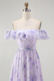 Lavendel Bloemen Gegolfd Off The Shoulder A Line Bruidsmeisjesjurk