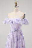 Lavendel Bloemen Gegolfd Off The Shoulder A Line Bruidsmeisjesjurk