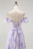 Lavendel Bloemen Gegolfd Off The Shoulder A Line Bruidsmeisjesjurk
