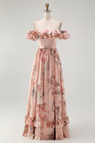 Blush Floral Off The Shoulder Een lijn gegolfde bruidsmeisjesjurk