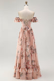 Blush Floral Off The Shoulder Een lijn gegolfde bruidsmeisjesjurk