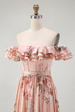 Blush Floral Off The Shoulder Een lijn gegolfde bruidsmeisjesjurk