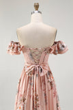 Blush Floral Off The Shoulder Een lijn gegolfde bruidsmeisjesjurk