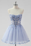 Sprankelende lavendel strapless kralen A Line Homecoming jurk met vetersluiting op de rug