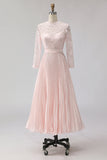 Blush roze chiffon geplooide A-lijn midi moeder van de bruid jurk met kant
