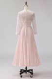 Blush roze chiffon geplooide A-lijn midi moeder van de bruid jurk met kant