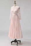 Blush roze chiffon geplooide A-lijn midi moeder van de bruid jurk met kant