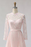 Blush roze chiffon geplooide A-lijn midi moeder van de bruid jurk met kant