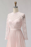 Blush roze chiffon geplooide A-lijn midi moeder van de bruid jurk met kant