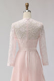 Blush roze chiffon geplooide A-lijn midi moeder van de bruid jurk met kant