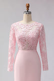 Blush roze geappliqueerde schede boothals midi moeder van de bruid jurk met mouwen