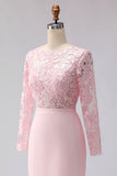 Blush roze geappliqueerde schede boothals midi moeder van de bruid jurk met mouwen