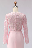 Blush roze geappliqueerde schede boothals midi moeder van de bruid jurk met mouwen