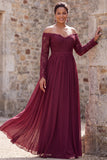 Cabernet Off the Shoulder Een lijn kanten Mother of the Bride jurk met lange mouwen