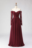 Cabernet Off the Shoulder Een lijn kanten Mother of the Bride jurk met lange mouwen