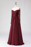 Cabernet Off the Shoulder Een lijn kanten Mother of the Bride jurk met lange mouwen