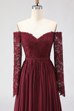 Cabernet Off the Shoulder Een lijn kanten Mother of the Bride jurk met lange mouwen