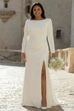 Ivoor Bateau Neck Bodycon gerimpelde satijnen plus maat trouwjurk met split