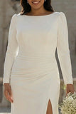 Ivoor Bateau Neck Bodycon gerimpelde satijnen plus maat trouwjurk met split