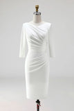 Ivoorkleurige plusmaat schede cowl neck midi werkjurk met halve mouwen