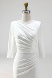 Ivoorkleurige plusmaat schede cowl neck midi werkjurk met halve mouwen