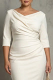 Ivoorkleurige plusmaat schede cowl neck midi werkjurk met halve mouwen