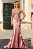 Blush zeemeermin strapless korset satijnen lange galajurk met strassenstenen