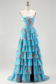 Strapless blauwe A-lijn korset met gelaagde ruches bloemenjurk met lange galajurk met split