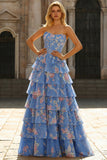Blauwe strapless A-lijn korset, gelaagde ruches, lange bloemen galajurk met split