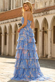 Donkerblauwe strapless A-lijn korsetlijfje Bloemenjurk met lange galajurk en chiffon rucherok