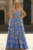 Donkerblauwe strapless A-lijn korsetlijfje Bloemenjurk met lange galajurk en chiffon rucherok