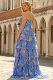 Donkerblauwe strapless A-lijn korsetlijfje Bloemenjurk met lange galajurk en chiffon rucherok