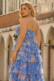 Donkerblauwe strapless A-lijn korset Chiffon bloemenjurk met grote grootte galajurk met ruches