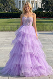 Prinses strapless paarse korset parels lange galajurk met ruches