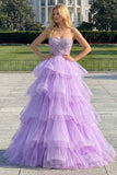 Prinses strapless paarse korset parels lange galajurk met ruches