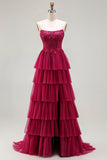 Fuchsia strapless A Line geappliqueerde korset met gelaagde ruches lange galajurk met split